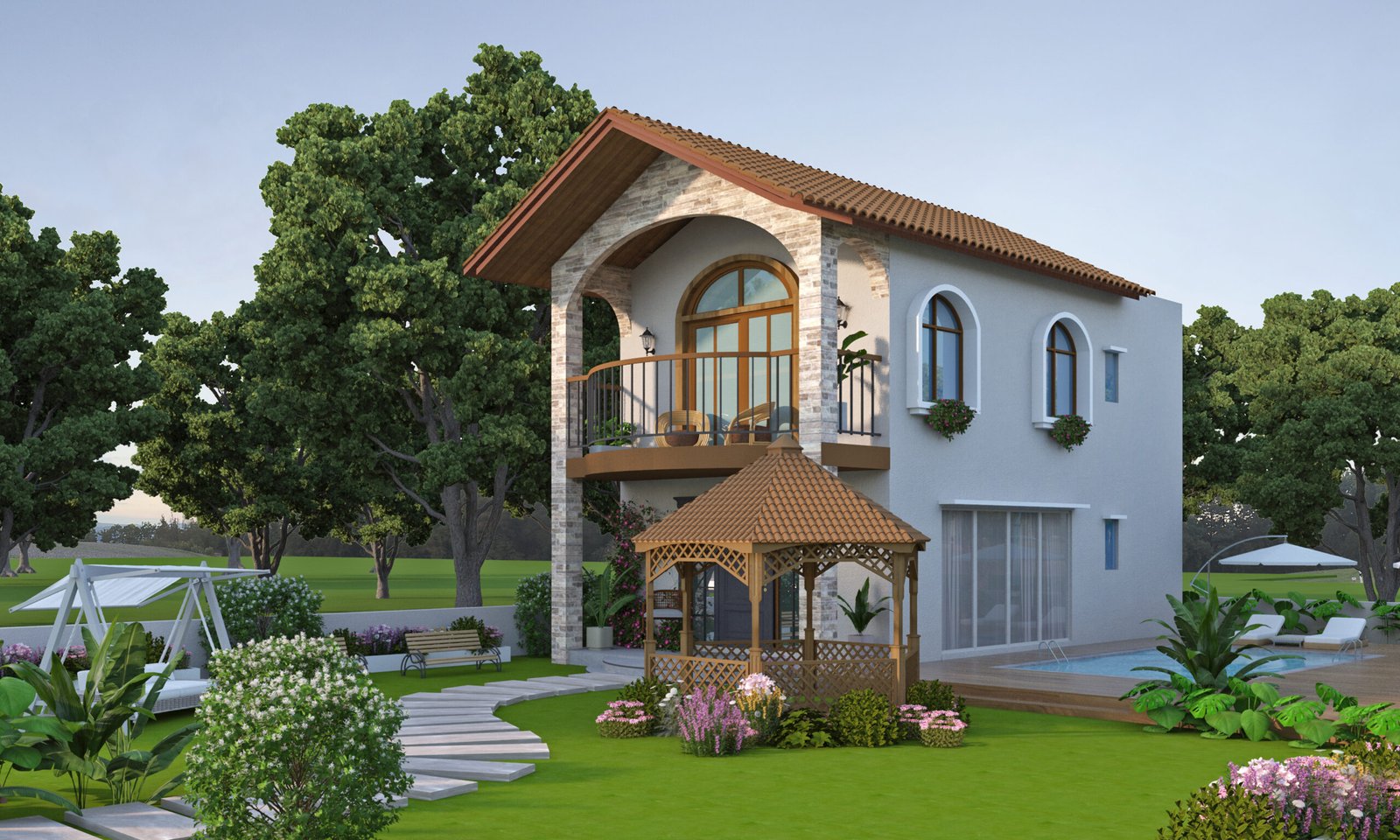 Joy Villa villa exterior render with garden